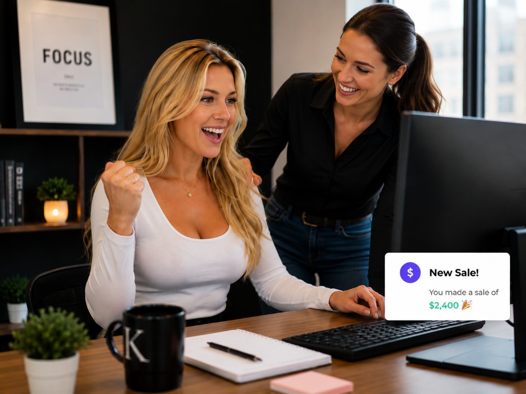 Two insurance agents celebrating a closed sale after a client accepted a quote proposal through Polly insurance quote proposal software — the screen shows a New Sale notification of $2,400