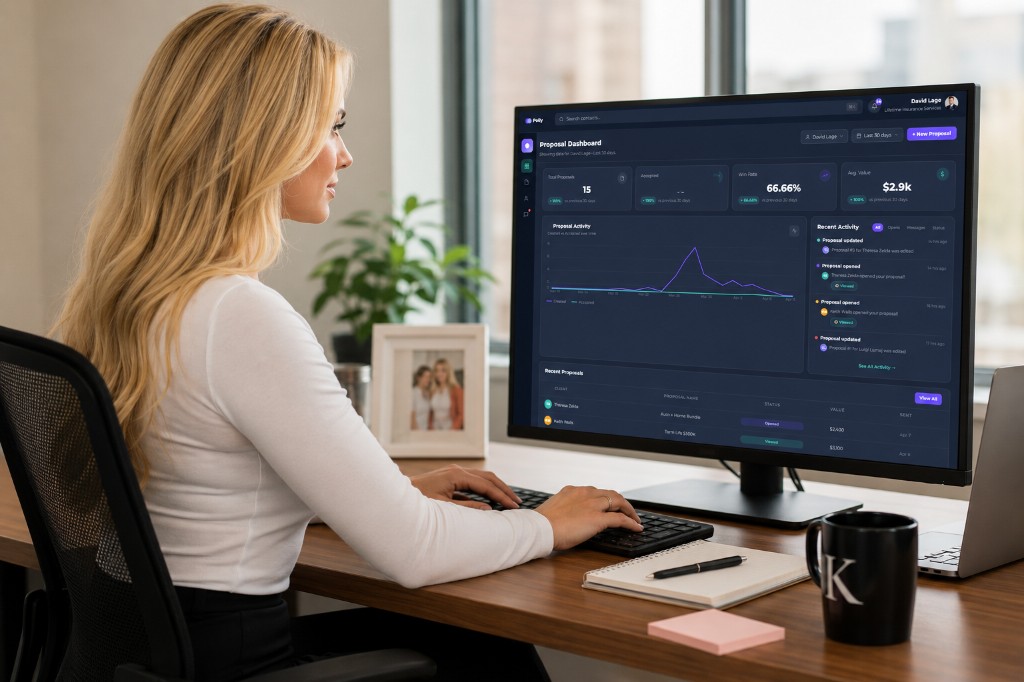 Insurance agent using Polly insurance quote proposal software — the dashboard shows 15 proposals sent, a 66.66% win rate, $2.9k average value, proposal activity chart, and real-time open notifications